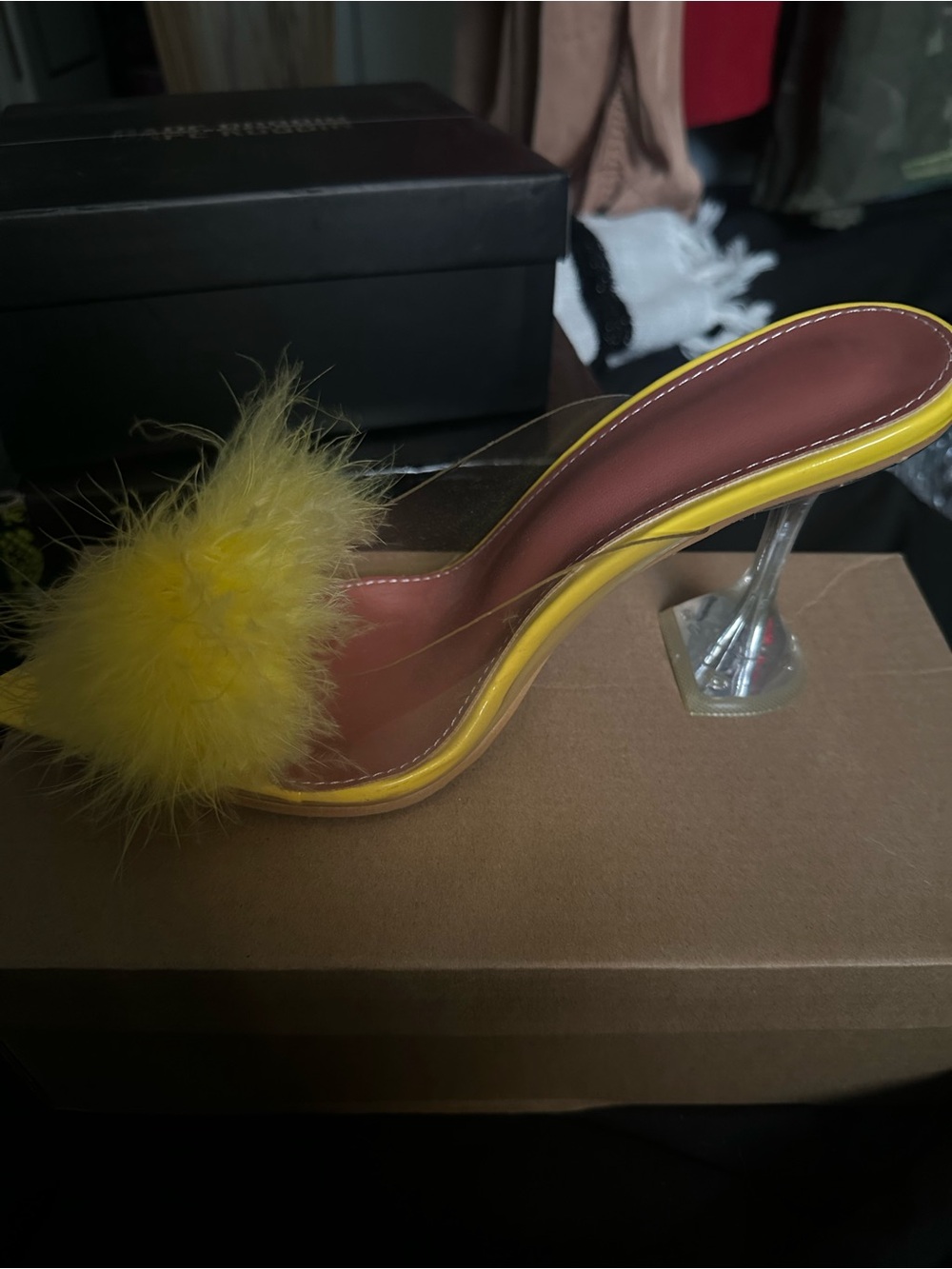 Yellow Feather Mule Sandal with Clear Heel - Women